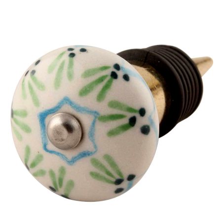 Pea Green Ceramic Floral Wine Stopper in Golden Fitting